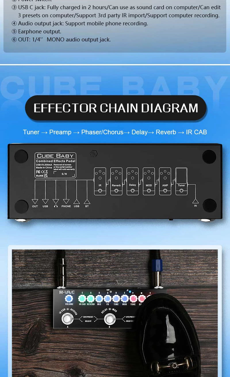 M VAVE CUBEBABY Delayed Multi-Effects  for Guitar/Bass/Acoustic with 8 Analog and Vocal Reverb Shaker Pedal