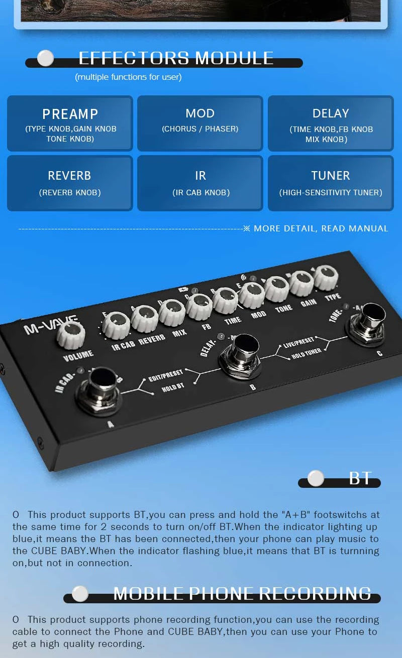 M VAVE CUBEBABY Delayed Multi-Effects  for Guitar/Bass/Acoustic with 8 Analog and Vocal Reverb Shaker Pedal