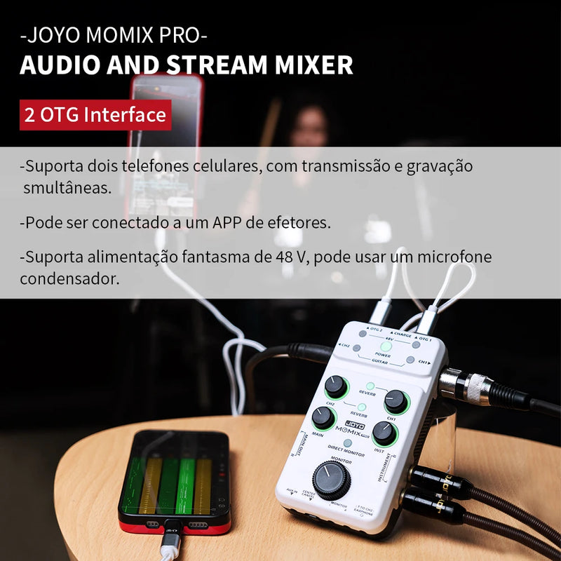 JOYO MOMIX PRO Guitar Sound Card 2 Stereo Input Audio-to-video Sync Audio Mixer for Recording and Live Streaming Outdoors